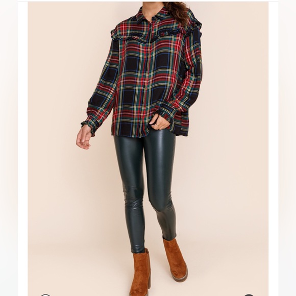 (6)New Francesca’s Collections Raleigh Plaid Ruttled Button Down Top - Picture 3 of 4
